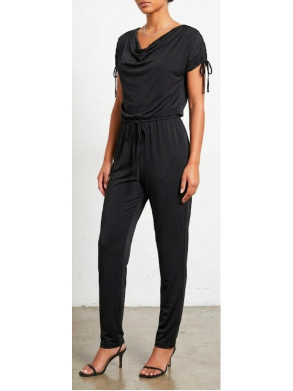 NWT GO International Slinky Black Cowl Neck Jumpsuit Drawstring Ruched Size M